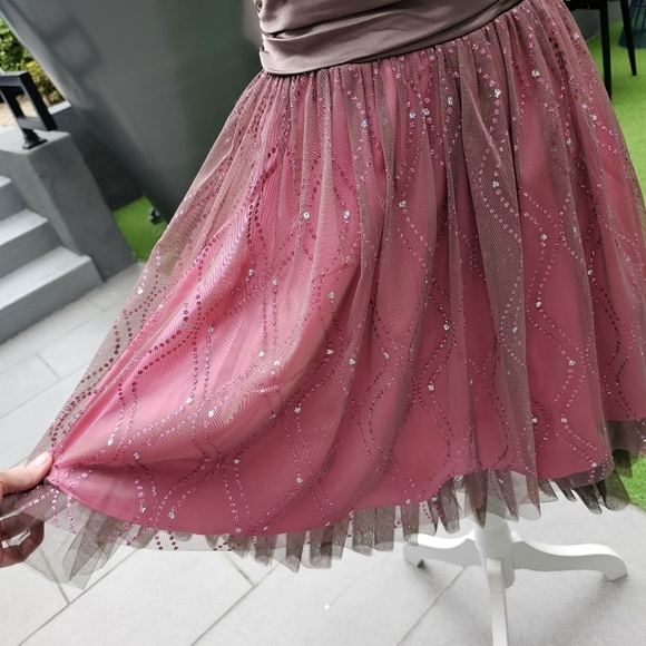 🆑️ MORGAN & CO. Drop Waist Dress Pink & Dark Brown Sequins Crystals Tulle Satin - Picture 6 of 17